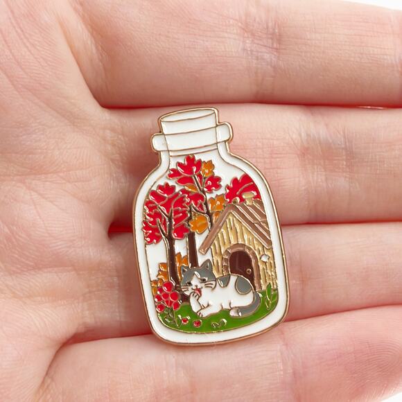 Unbranded Jewelry - Autumn Cat Cottage Enamel Pin Cozy Fall Jar Nature Kitty Collectible